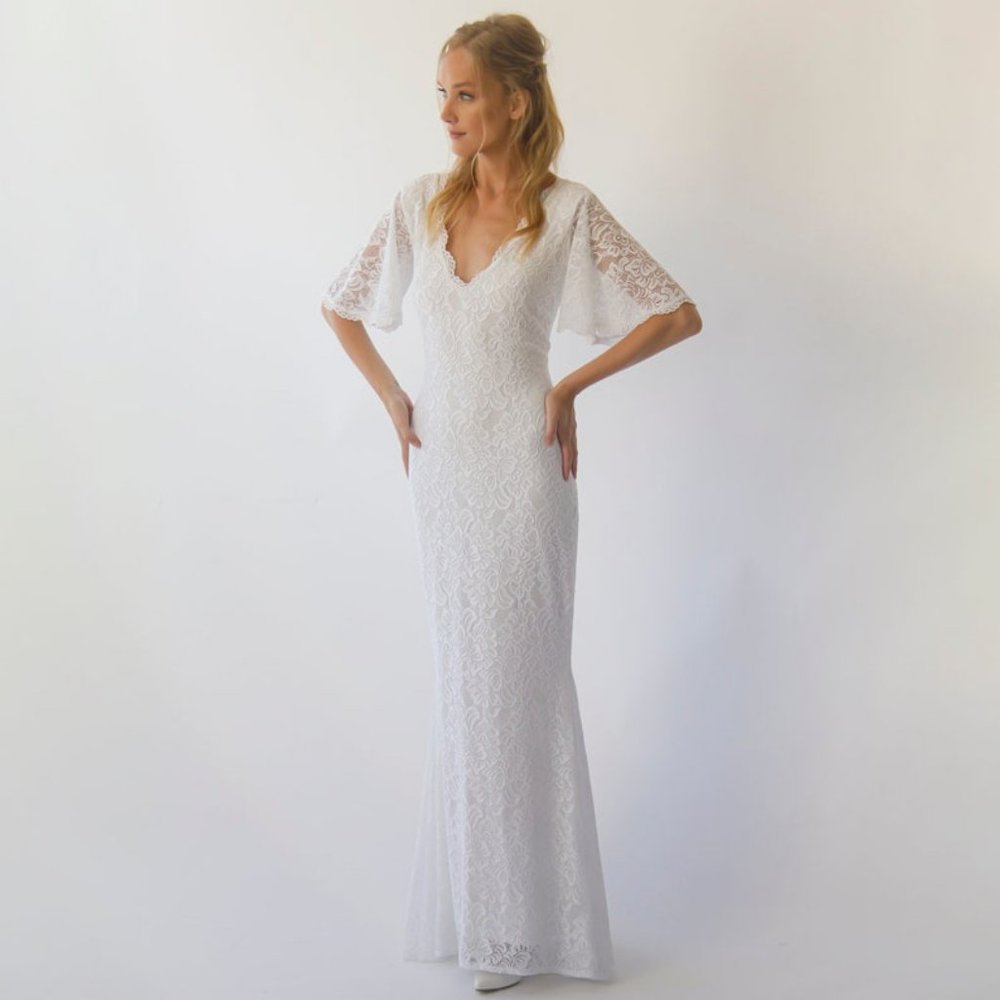 White Lace Bohemian Mermaid Maxi Dress with Butterfly Sleeves BLUSHFASHION